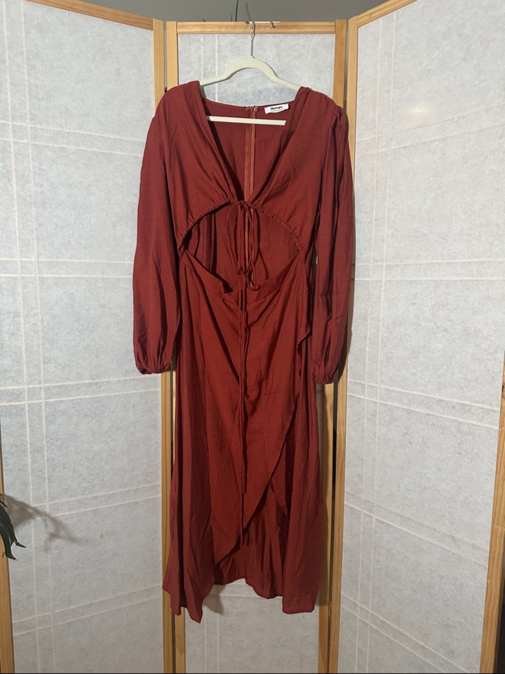 Showpo Rust Tie-Front Long Sleeve Maxi Dress